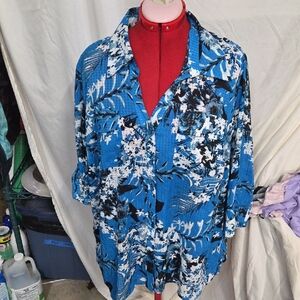Notations Blue and Black Patterned Women's Blouse 3X
